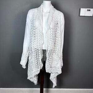 Johnny Was top cardigan small white all over embroidery eyelet ivory‎ lace long